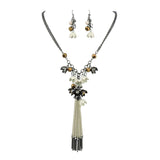 Bocar Long 2 Layer Chain Unique Flower Pendant Tassels Necklace Earrings Women Jewelry Set
